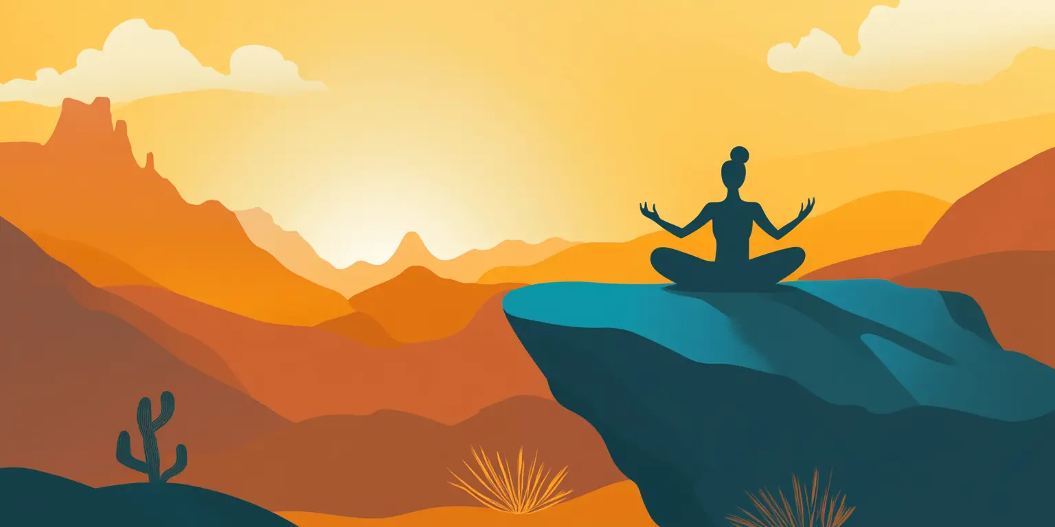 A graphic depicting a woman doing yoga on a mountain top